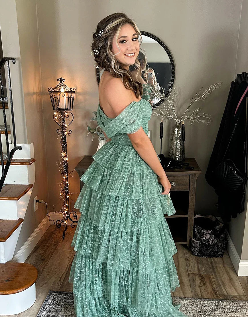 A Line Off The Shoulder Two Pieces Long Prom Dress
