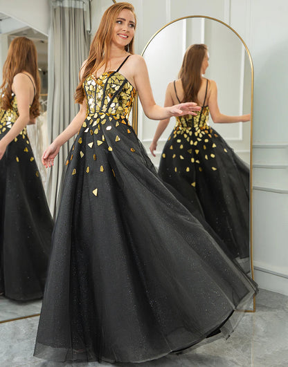 Sequins A Line Long Prom Dress With Mirror