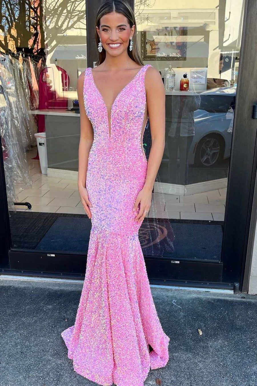 Sequin Plunge V Mermaid Long Formal Dress