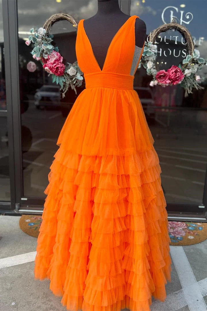 Multi-Tiered  Plunge Neck A-Line Long Prom Dress