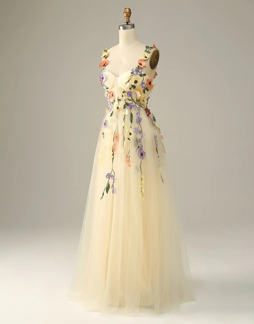 A Line Long Prom Dress With 3D Flower