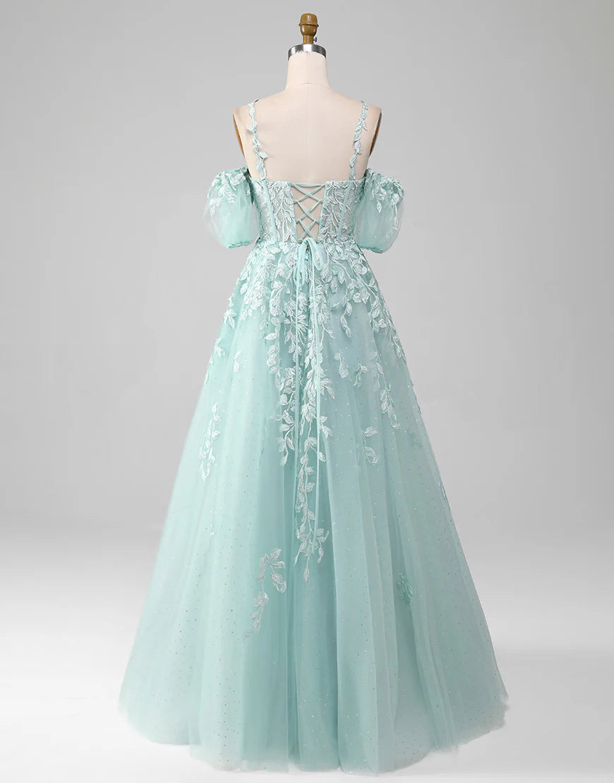 Mint A Line Tulle Prom Dress With Appliques