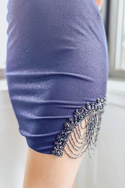 Plunge V Sheer Mesh Short Cocktail Dress with Tassels