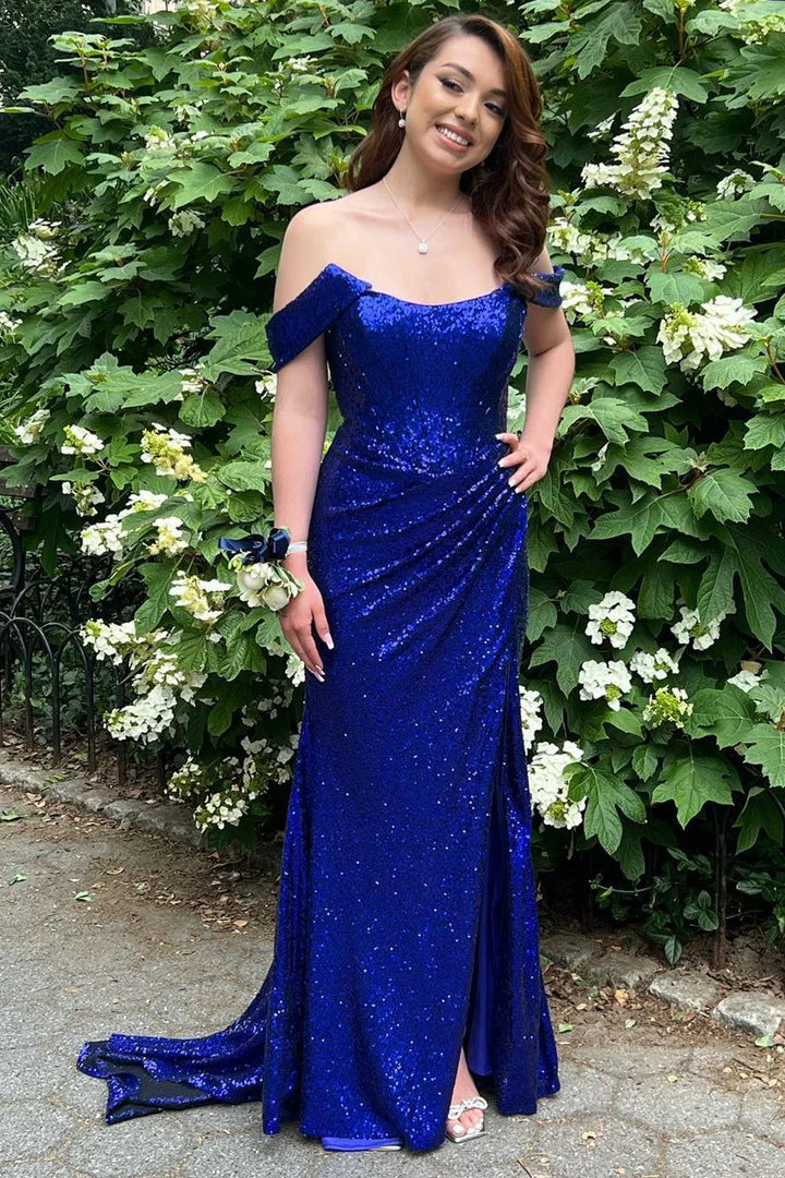 Sequin Off-the-Shoulder Mermaid Long Prom Dress with Slit