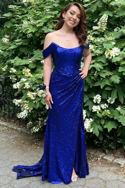 Sequin Off-the-Shoulder Mermaid Long Prom Dress with Slit