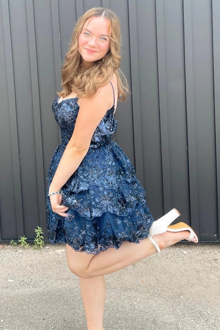 Sequin Lace Corset Bodice Tiered Homecoming Dress