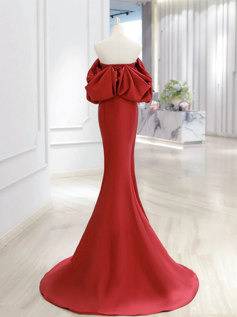 Mermaid Cultivate oneself Evening dress Off Shoulder Satin Red Long Elegant Simple Short in the front and long in the back Prom Dress