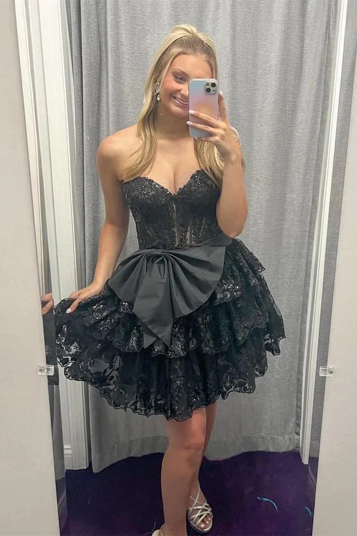 Sequin Ruffle Homecoming Dress with Bow