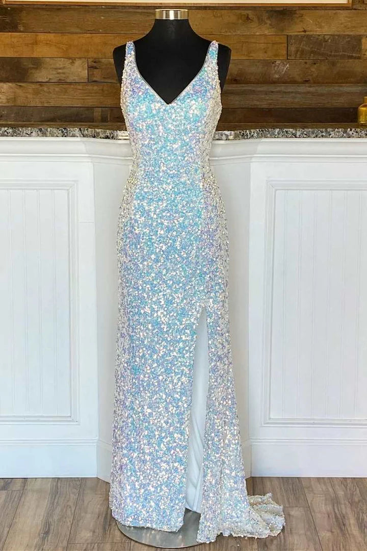 Sequin V-Neck Mermaid Long Prom Dress