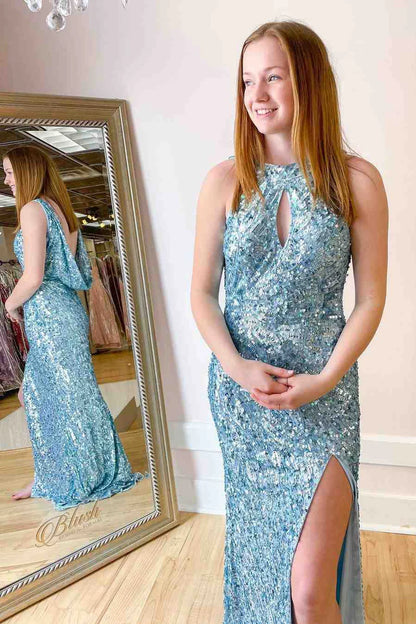 Sequin Cowl Back Mermaid Long Prom Dress