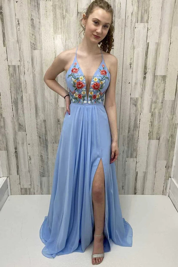 Chiffon Floral Appliques Long Prom Dress
