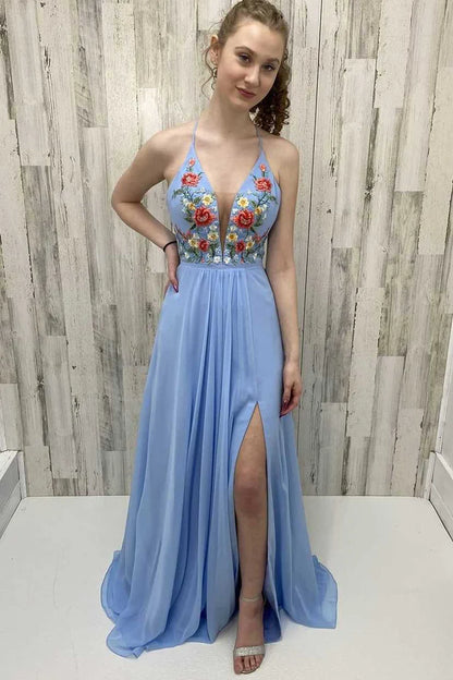 Chiffon Floral Appliques Long Prom Dress