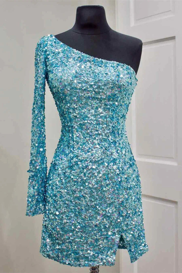 One Sleeve  Sequins Party Dress