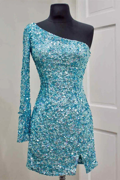 One Sleeve  Sequins Party Dress