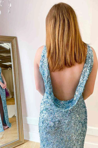 Sequin Cowl Back Mermaid Long Prom Dress