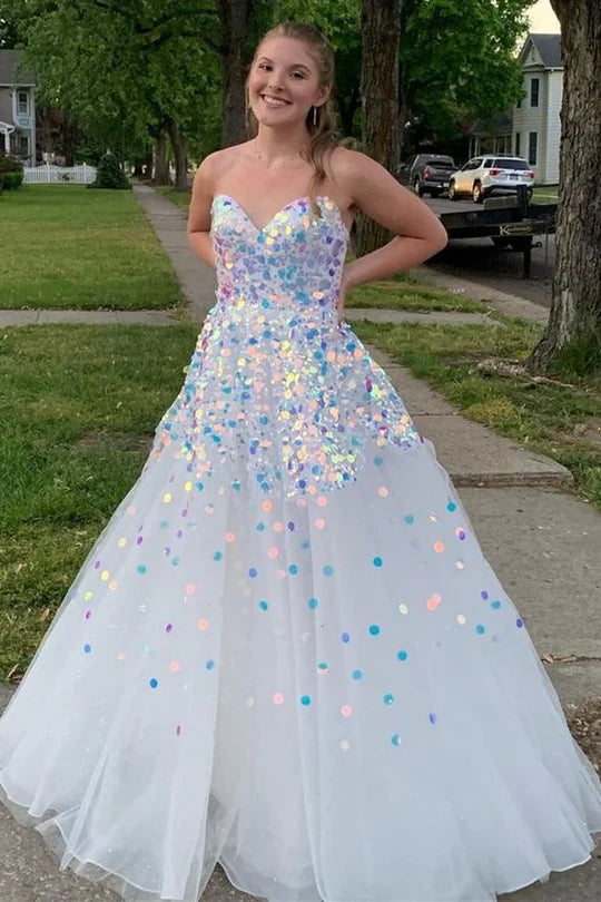 Tulle Strapless Prom Gown with Round Sequins