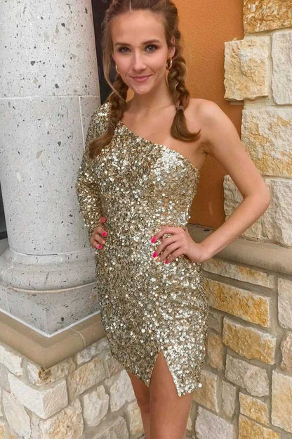 One Sleeve  Sequins Party Dress
