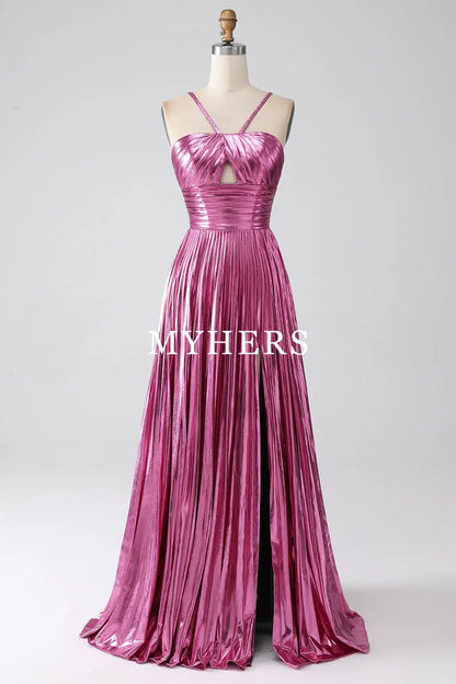 Formal Wear Dresses Charming A-Line Spaghetti Straps Pleated Side Fork Backless Sparkly Prom Dress