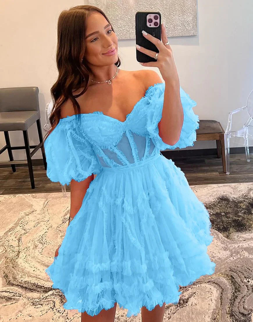 Off the Shoulder Pink A Line Corset Homecoming Dress