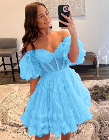 Off the Shoulder Pink A Line Corset Homecoming Dress