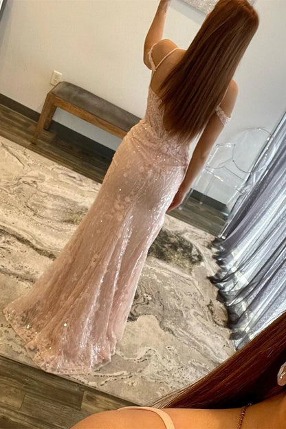 Floral Lace Cold-Shoulder Mermaid Long Prom Dress with Slit