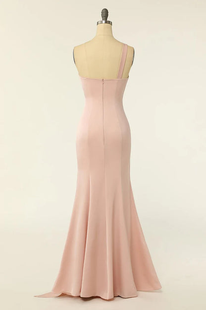 Blush Chiffon One-Shoulder Sheath Backless Long Bridesmaid Dress