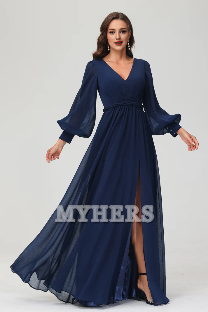 Formal Women's Dresses A-Line V-neck Long Sleeves V Neck Floor Length Dress Side Fork Elegant Exquisite Evening Dress