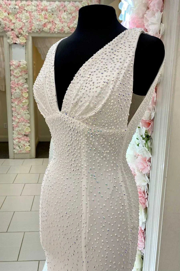 Beaded V-Neck Empire Long Formal Dress