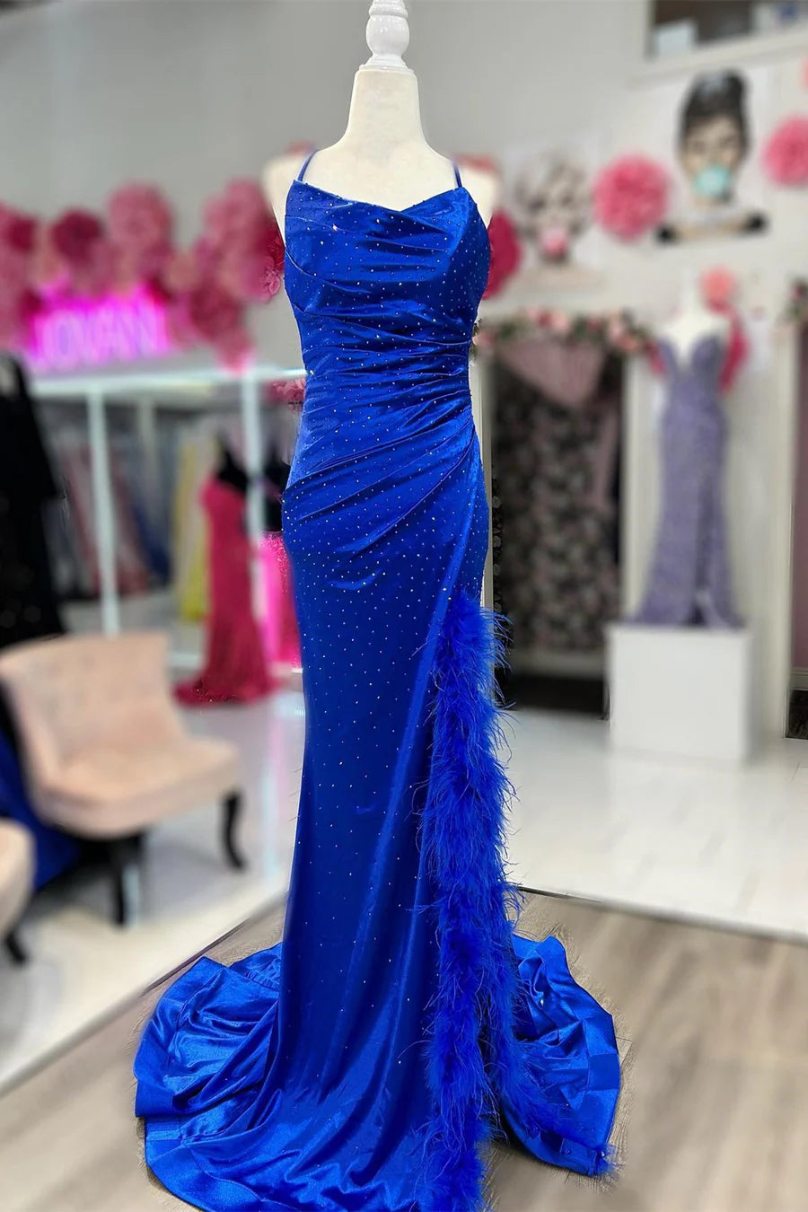 Beaded Lace-Up Back Long Prom Dress with Trim Slit