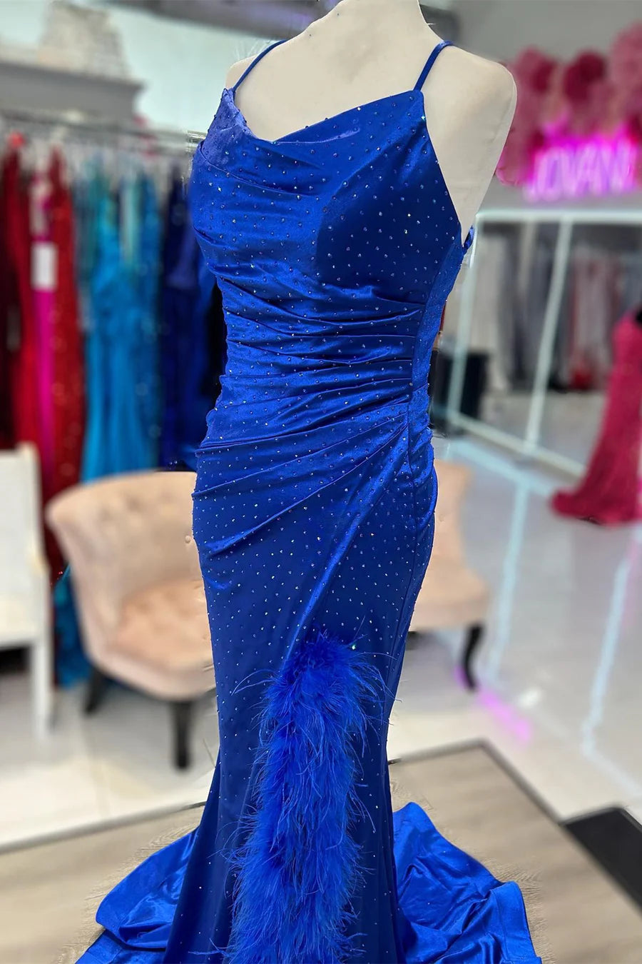 Beaded Lace-Up Back Long Prom Dress with Trim Slit