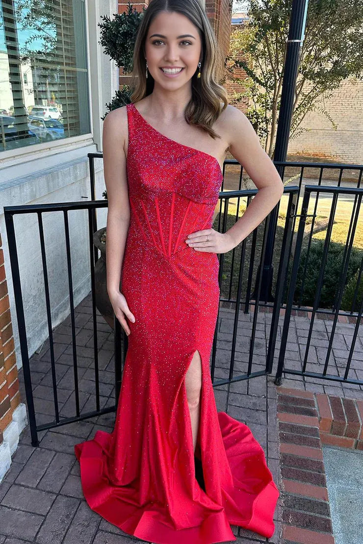 Charming Mermaid One Shoulder Red Beading Satin Long Prom Dresses with Slit