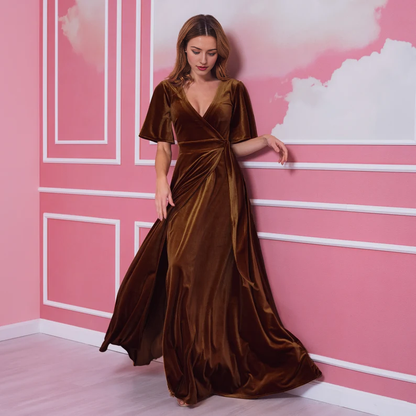 Long Wrap Around Velvet Dress Deep V Neck Flutter Sleeves Wedding Guest Dress Maxi Dress Evening Dress