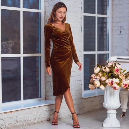 Bodycon Velvet Dress V Neck Long Sleeve Mid-calf Dress Wedding Guest Dress Evening Dress