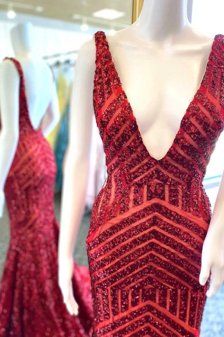 Plunge V  Sequins Mermaid Long Evening Dress