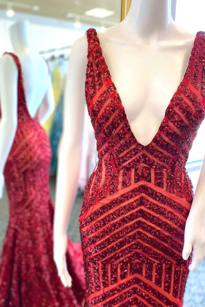 Plunge V  Sequins Mermaid Long Evening Dress