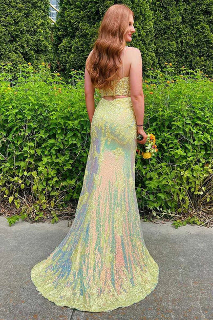 Sequin Split Neck Long Prom Dress with Slit