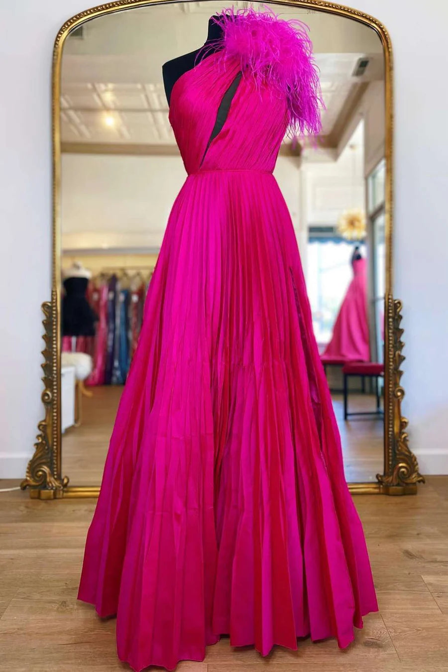 One-Shoulder Neon Pink Keyhole Feathers A-Line Prom Gown