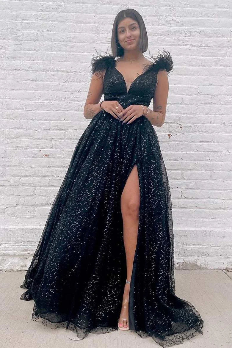 Sequin Feather V-Neck A-Line Long Prom Dress with Slit