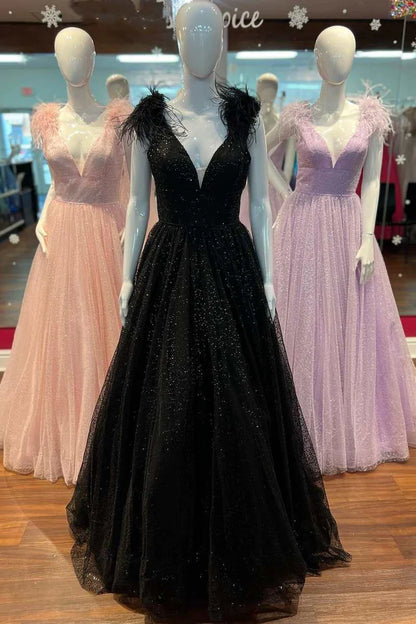Sequin Feather V-Neck A-Line Long Prom Dress with Slit
