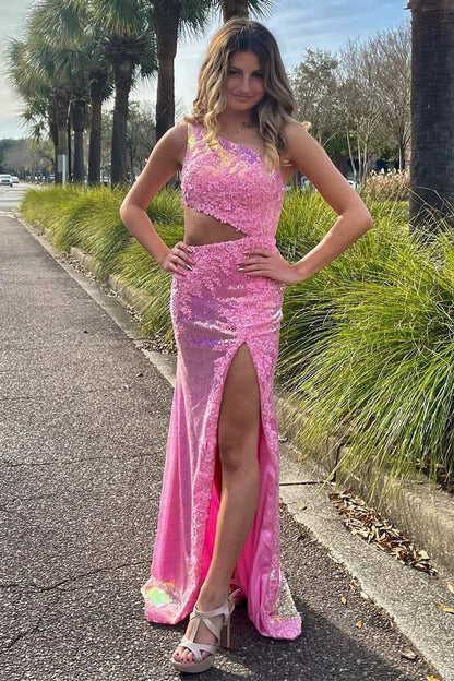 Sequin Applique One-Shoulder Cutout Long Prom Dress with Slit