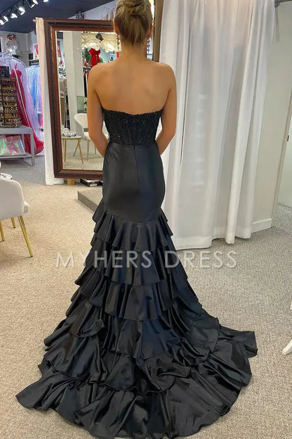 My Hers Ladies Formal Dress Strapless Scoop Layered Pleated Mermaid Side Fork Elegant Prom Dress