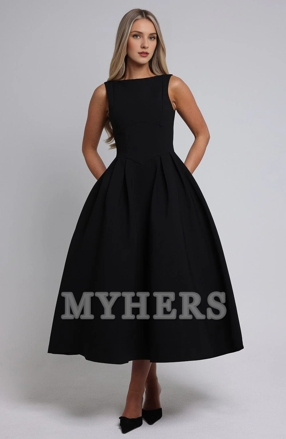 A Line High Wide Boat Neckline Sleeveless Backless Elegant Simple Dresses Bridesmaid Dresses Wedding Guests Dresses