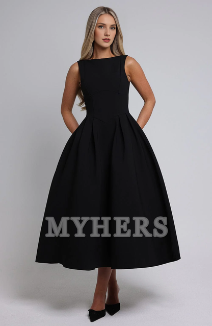 A Line High Wide Boat Neckline Sleeveless Backless Elegant Simple Dresses Bridesmaid Dresses Wedding Guests Dresses