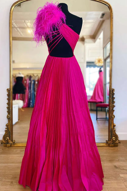 One-Shoulder Neon Pink Keyhole Feathers A-Line Prom Gown