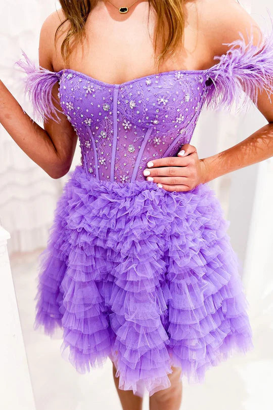 Sweet A Line Off the Shoulder Purple Tulle Short Homecoming Dresses with Beading