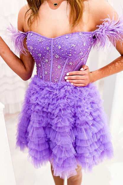 Sweet A Line Off the Shoulder Purple Tulle Short Homecoming Dresses with Beading