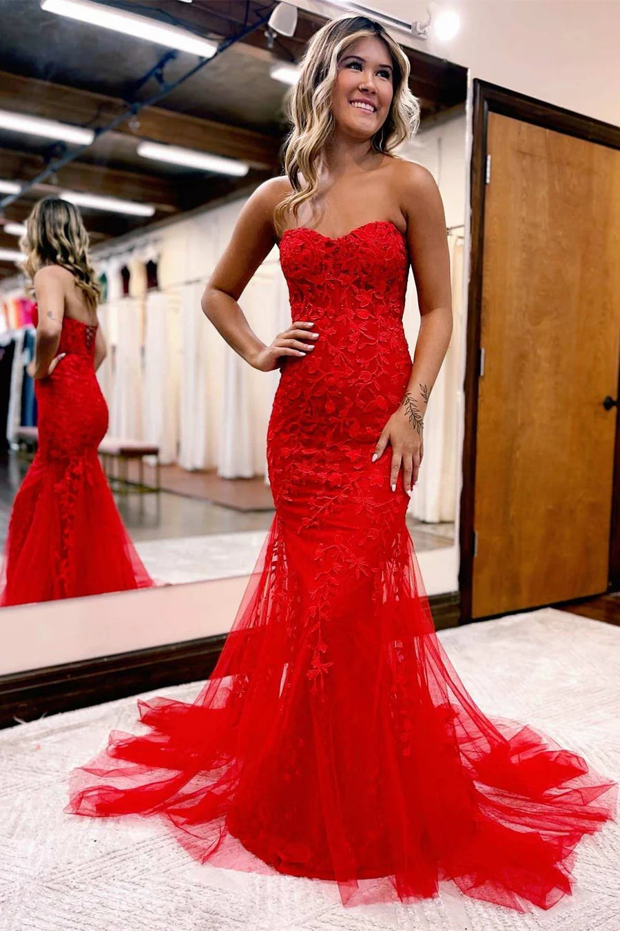 Appliques Sweetheart Lace-Up Trumpet Long Prom Dress
