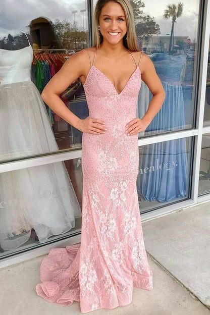 Mermaid  Lace Long Formal Dress with Lace Up Back