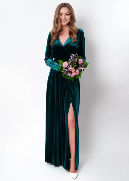 A-Line Velvet Dress V Neck Long Sleeves Side Fork Formal Wear Dresses Wedding Guest Dress Evening Dress