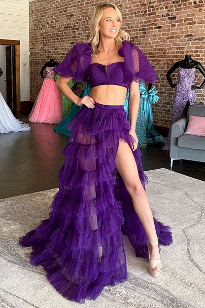 Two-Piece Tulle A-Line Long Prom Dress with Puff Sleeves